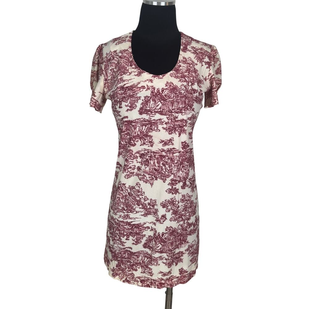 VNTG 70s Red Pink Toile Mini Dress Puff Sleeve Bodycon Bicentennial Print Flawed